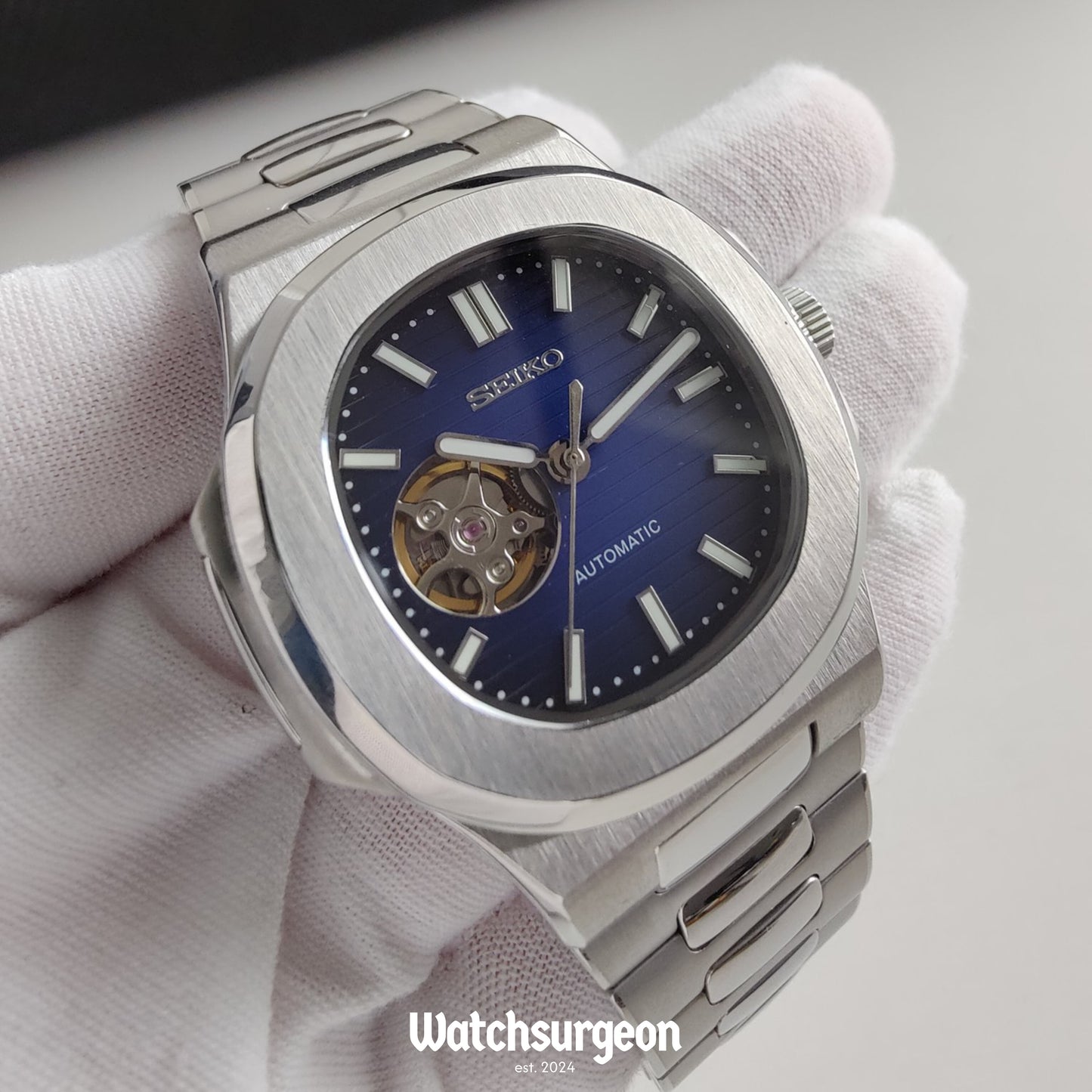 Custom Seiko Nautilus Inspired with Open Heart Blue Dial