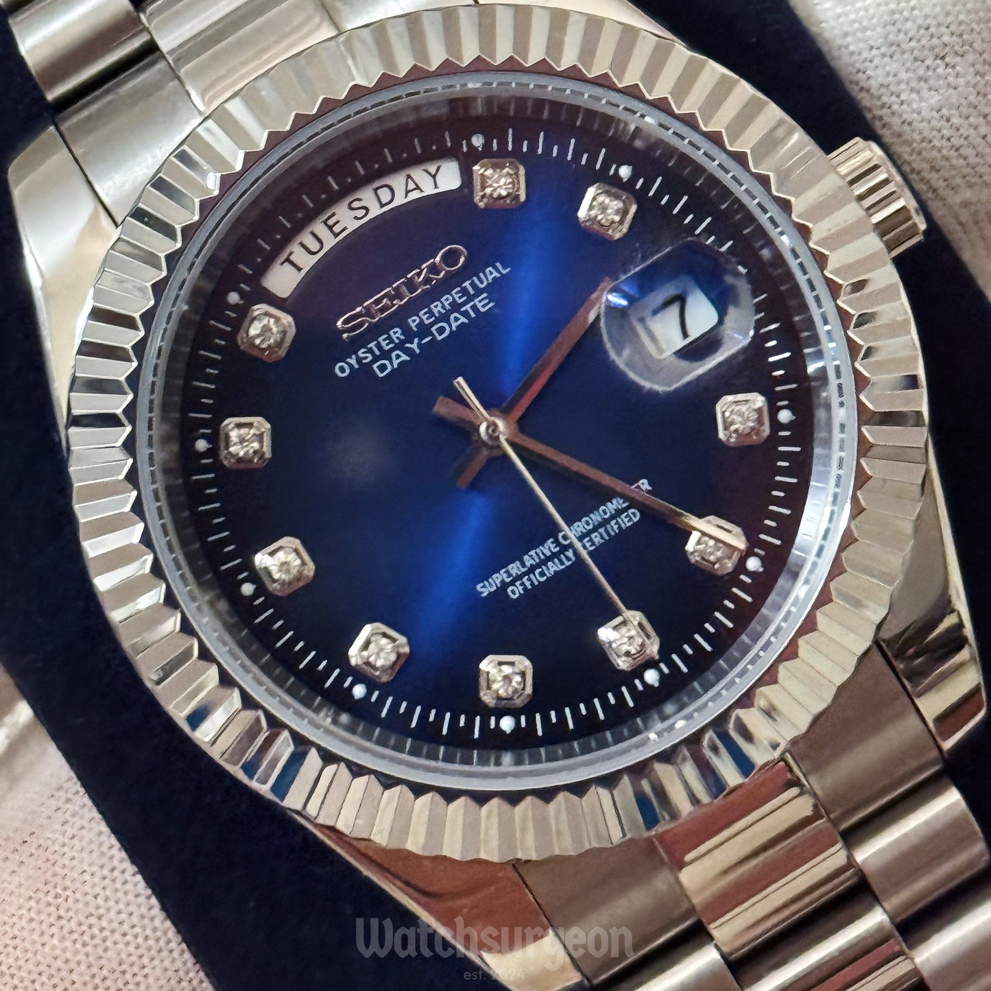 Custom Seiko Daydate with Blue Gem Dial