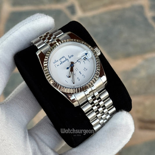 Custom Seiko 'Who cares,I'm already late' White/Blue Dial