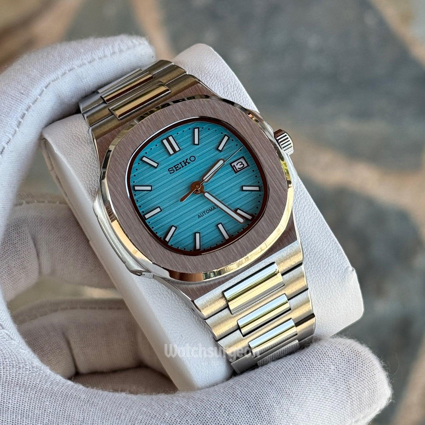Custom Seiko Nautilus Inspired with Sky Blue Dial