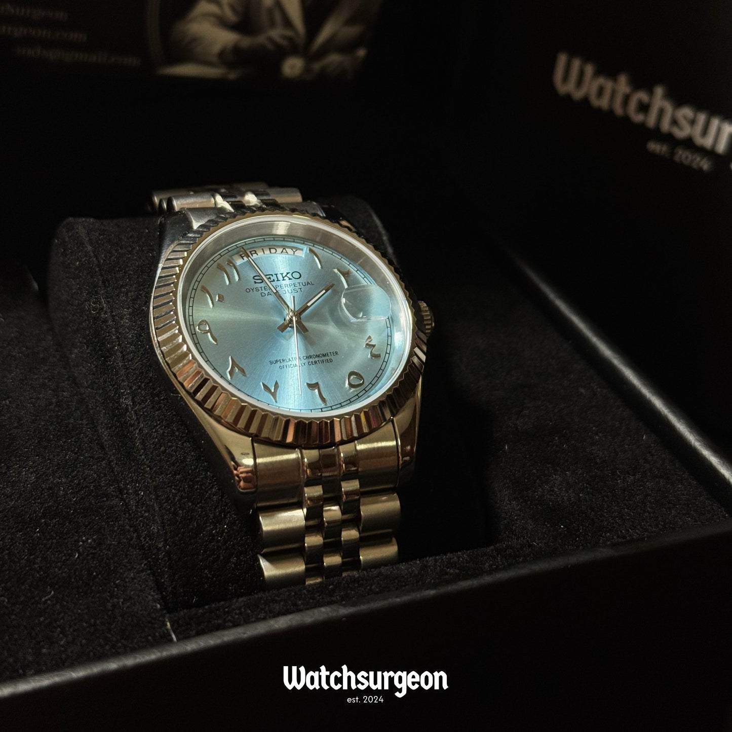 Custom Seiko Daydate with Sky Blue Arabic Dial