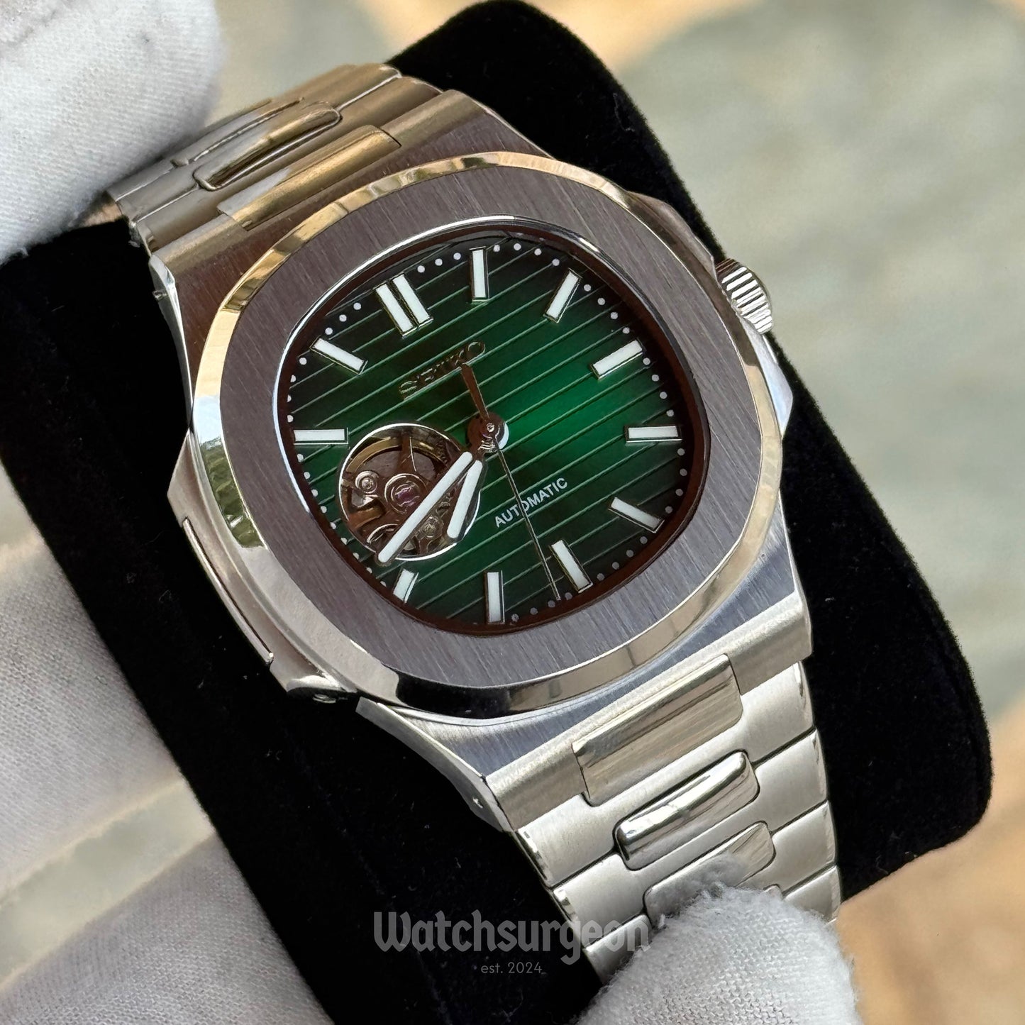 Custom Seiko Nautilus Inspired with Green Open Heart Dial