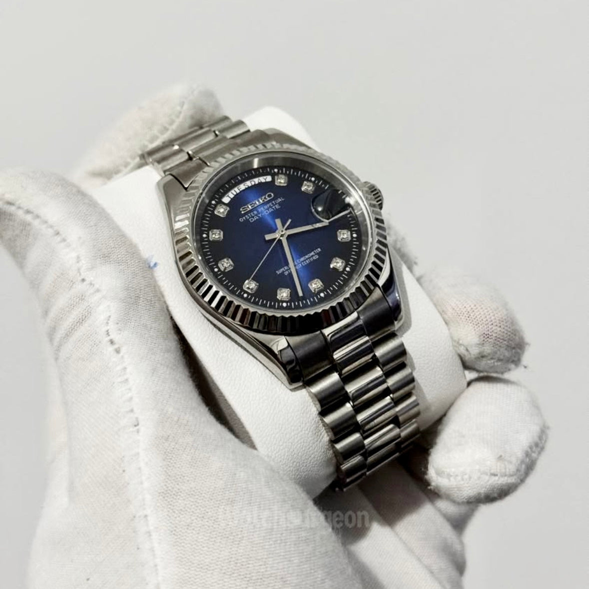 Custom Seiko Daydate with Blue Gem Dial