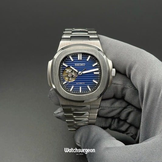 Custom Seiko Nautilus Inspired with Open Heart Blue Dial