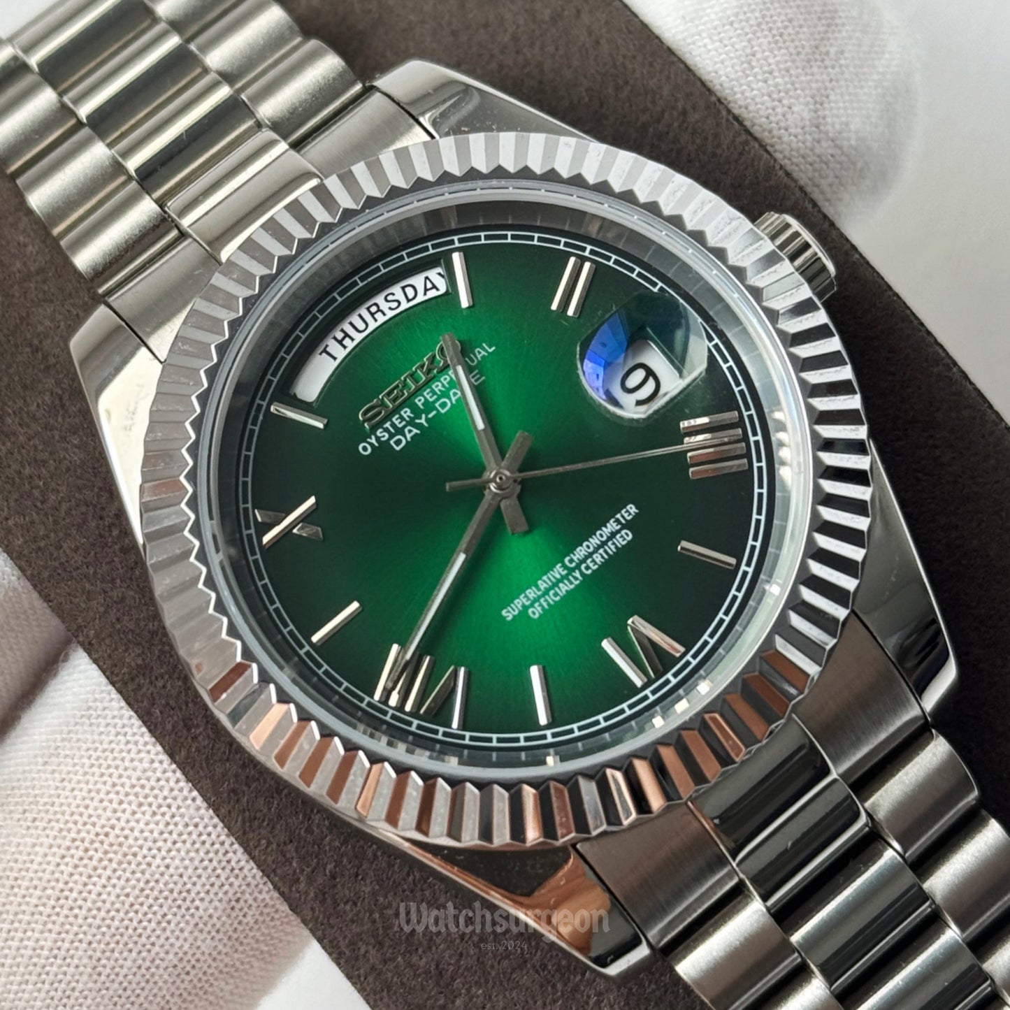 Custom Seiko Daydate with Green Roman Dial