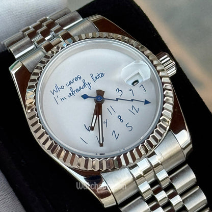 Custom Seiko 'Who cares,I'm already late' White/Blue Dial